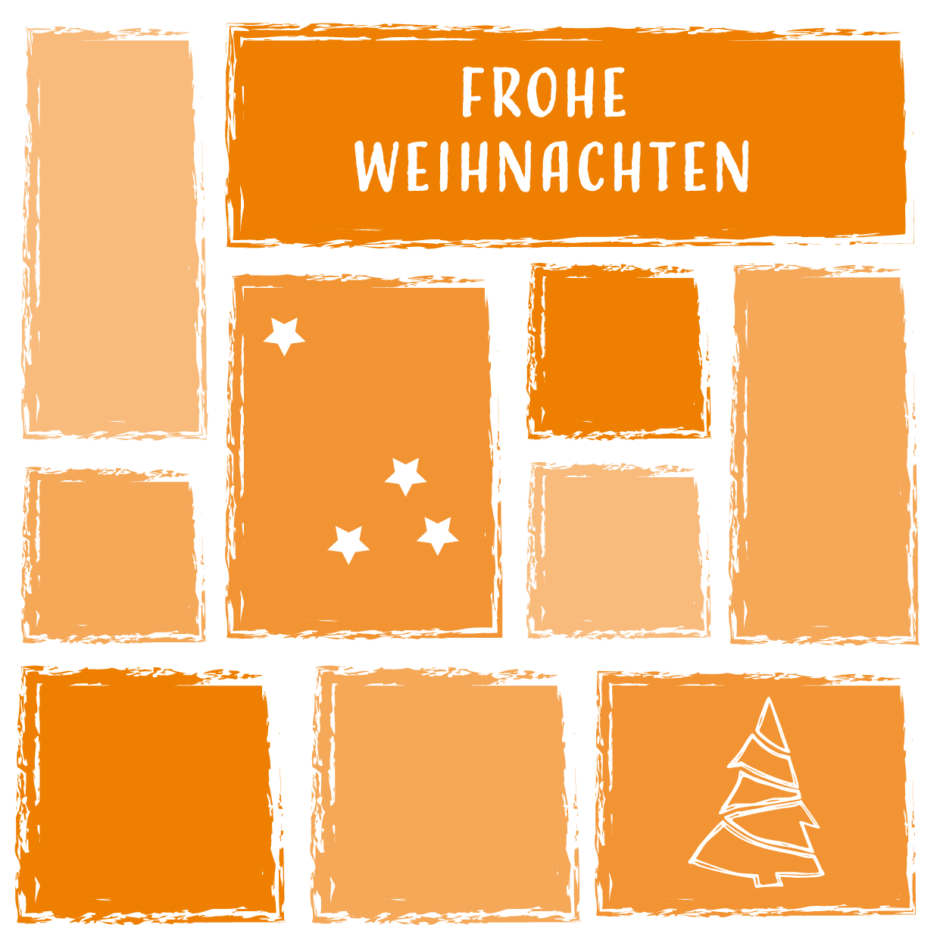 Eine Weihnachtliche Grafik in orange mit Tannenbaum und dem Wunsch: Frohe Weihnachten.